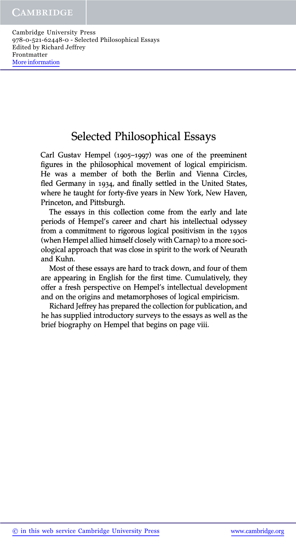 Selected Philosophical Essays Edited by Richard Jeffrey Frontmatter More Information