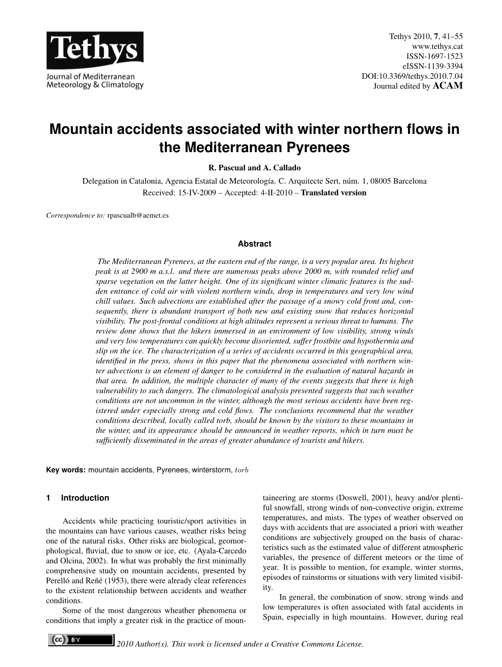 Mountain Accidents Associated with Winter Northern Flows in the Mediterranean Pyrenees