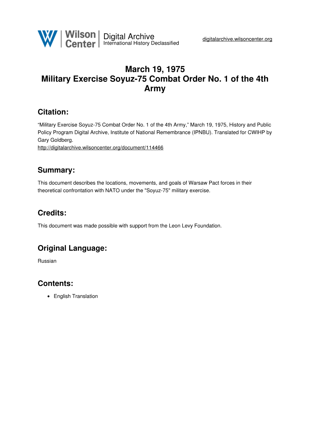 March 19, 1975 Military Exercise Soyuz-75 Combat Order No. 1 of the 4Th Army