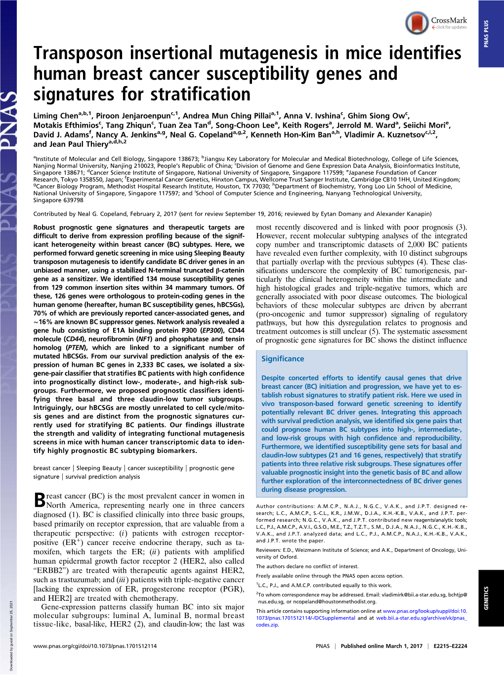 Transposon Insertional Mutagenesis in Mice Identifies Human Breast Cancer Susceptibility Genes and Signatures for Stratification