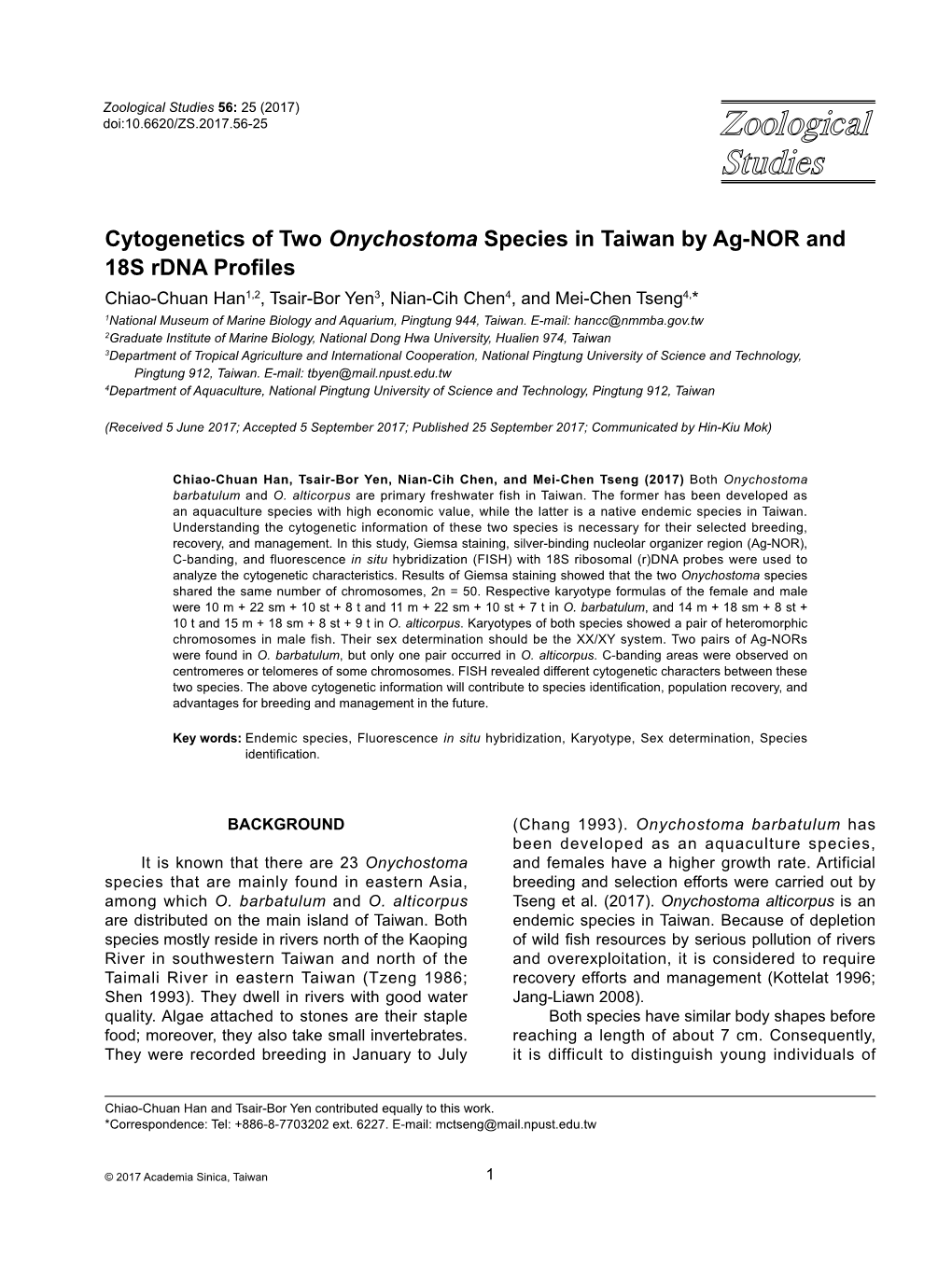 Cytogenetics of Two Onychostoma Species in Taiwan by Ag-NOR And