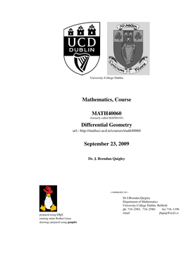 Mathematics, Course MATH40060 Differential Geometry September 23