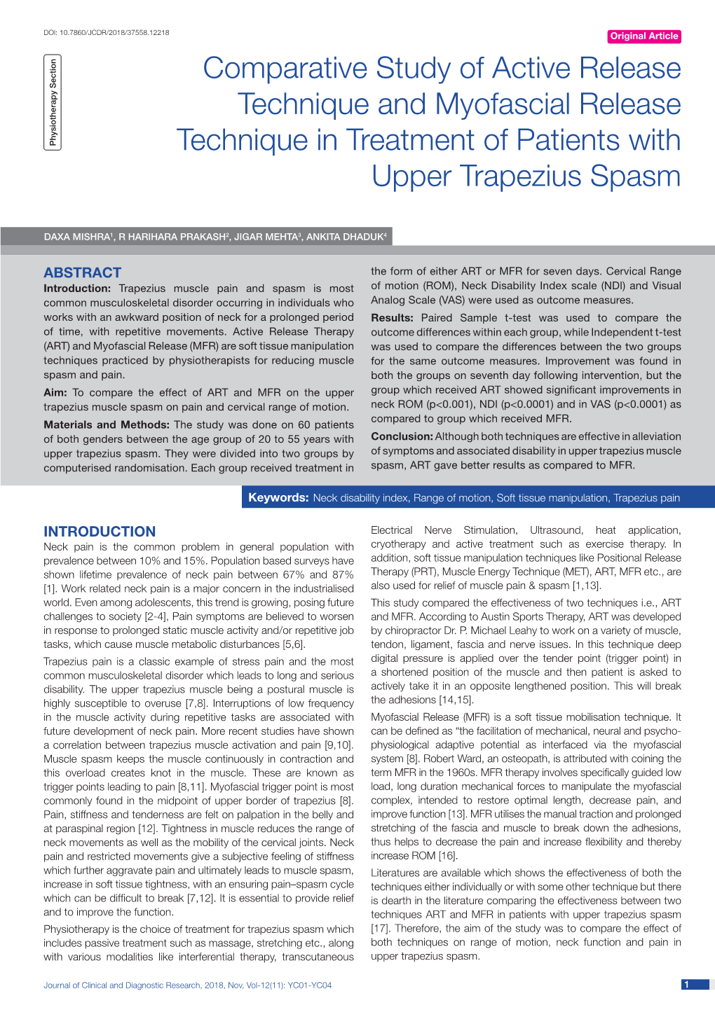 Comparative Study of Active Release Technique and Myofascial Release