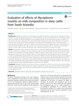 Evaluation of Effects of Mycoplasma Mastitis on Milk Composition in Dairy