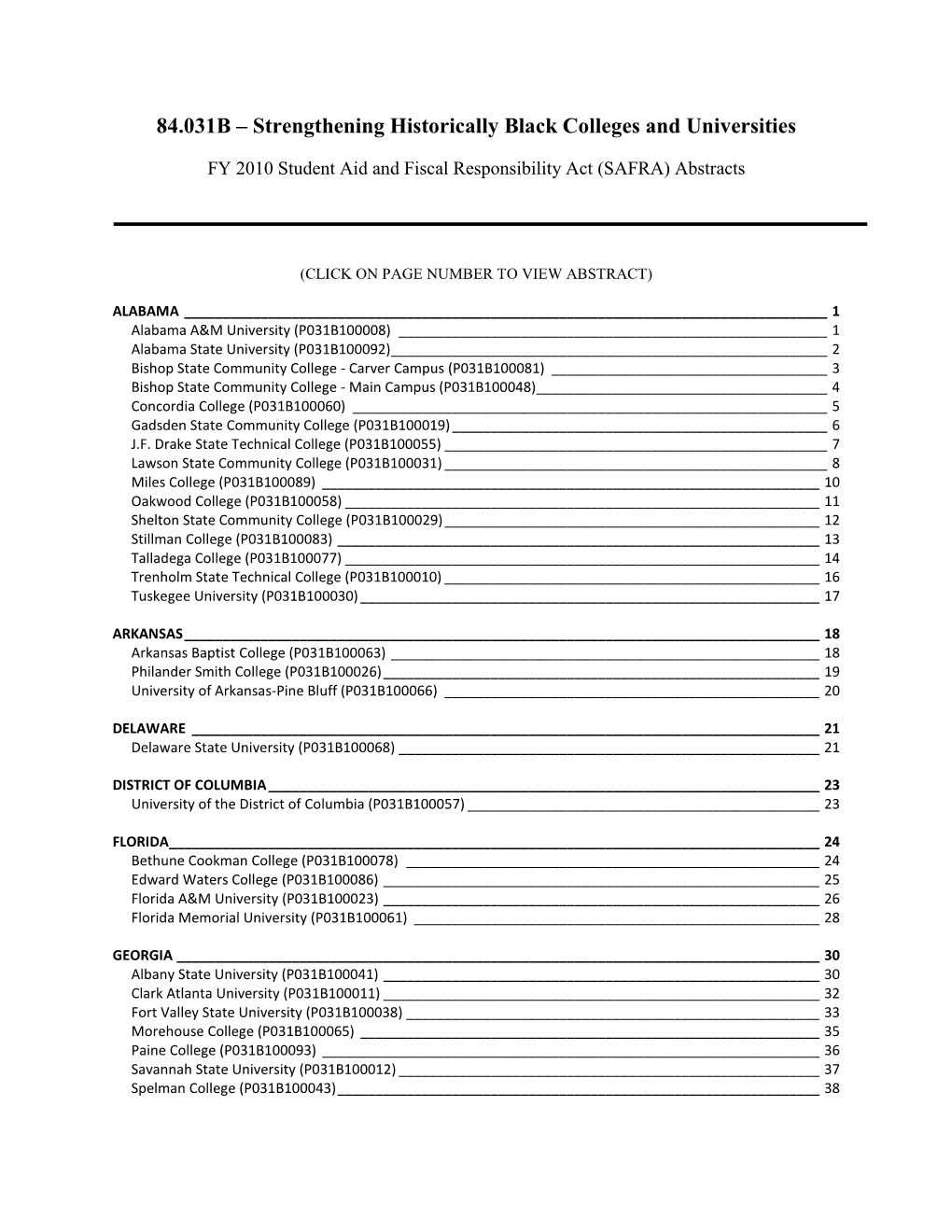 FY 2010 SAFRA Project Abstracts Under the Title III Part B