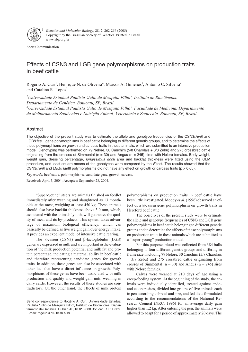 Effects of CSN3 and LGB Gene Polymorphisms on Production Traits in Beef Cattle