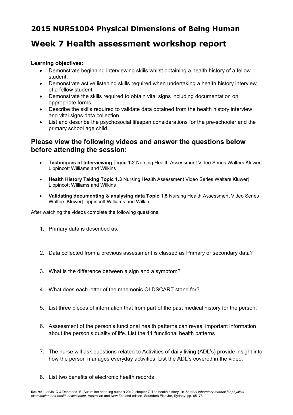 2015 NURS1004 Physical Dimensions of Being Human