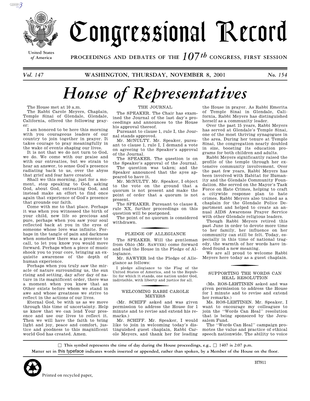 Congressional Record United States of America PROCEEDINGS and DEBATES of the 107Th CONGRESS, FIRST SESSION