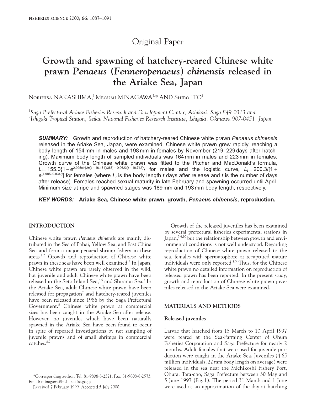 Growth and Spawning of Hatchery-Reared Chinese White Prawn Penaeus (Fenneropenaeus) Chinensis Released in the Ariake Sea, Japan