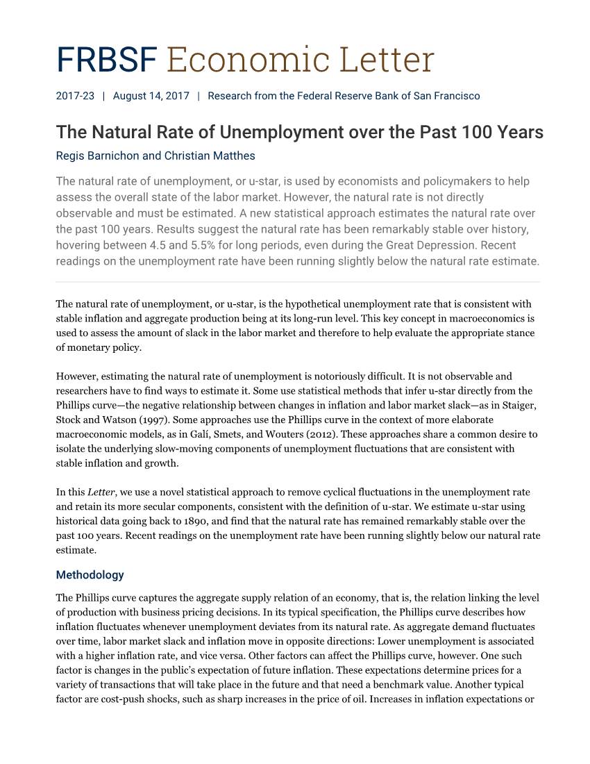 The Natural Rate of Unemployment Over the Past 100 Years Regis Barnichon and Christian Matthes