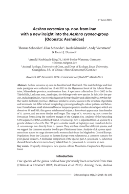 Aeshna Vercanica Sp. Nov. from Iran with a New Insight Into the Aeshna Cyanea-Group (Odonata: Aeshnidae)