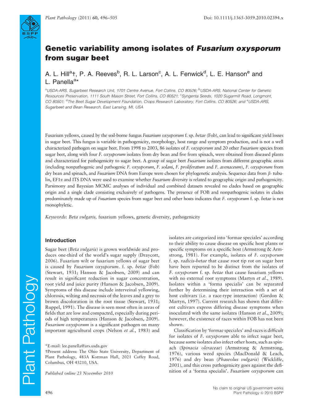 Genetic Variability Among Isolates of Fusarium Oxysporum from Sugar Beet