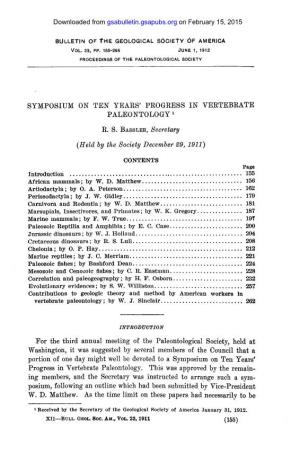 Symposium on Ten Years' Progress in Vertebrate Paleontology
