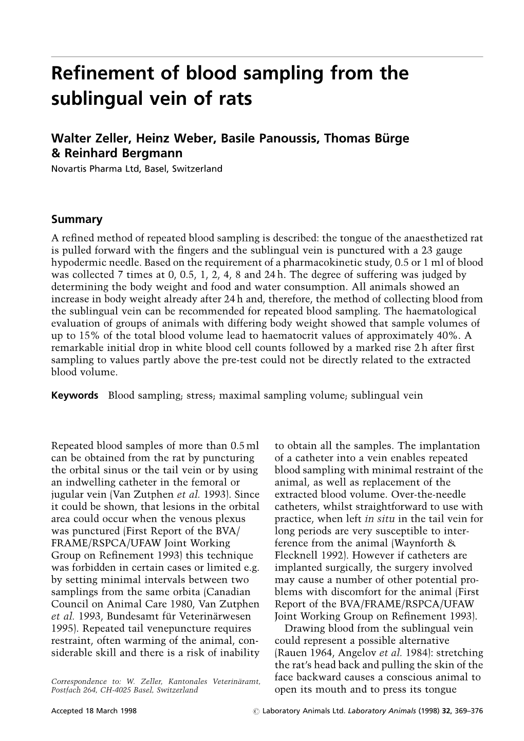 Refinement of Blood Sampling from the Sublingual Vein of Rats