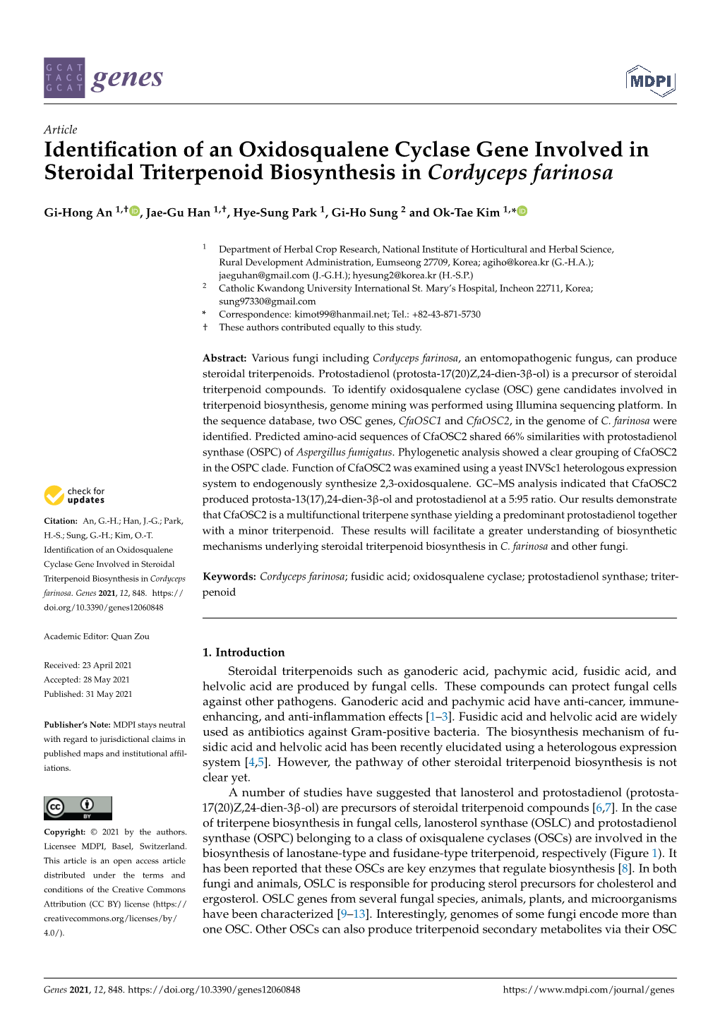 Identification of an Oxidosqualene Cyclase Gene Involved in Steroidal Triterpenoid Biosynthesis in Cordyceps Farinosa