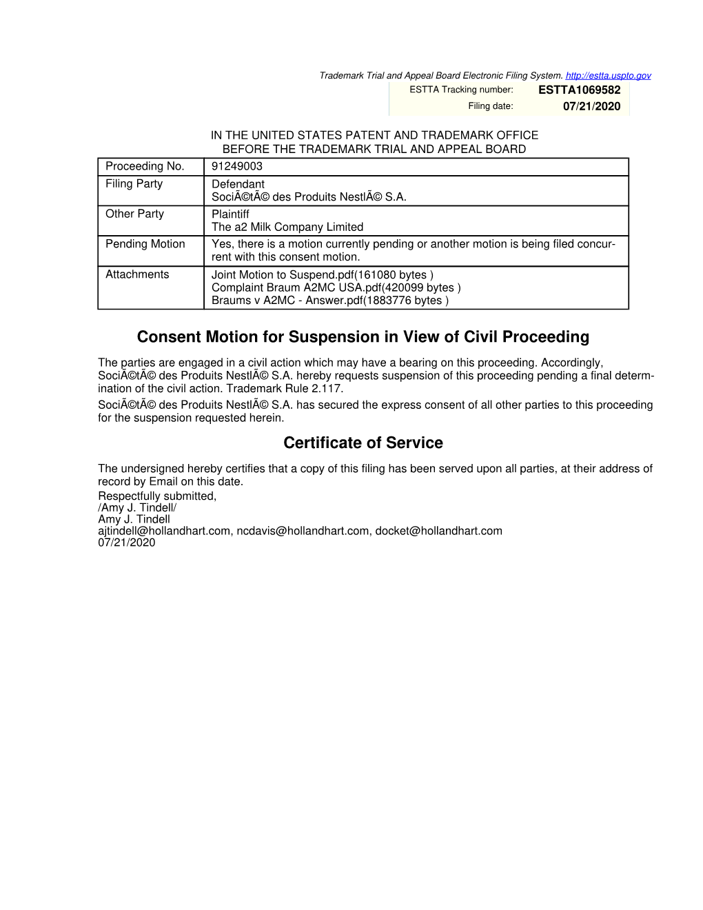 Consent Motion for Suspension in View of Civil Proceeding Certificate