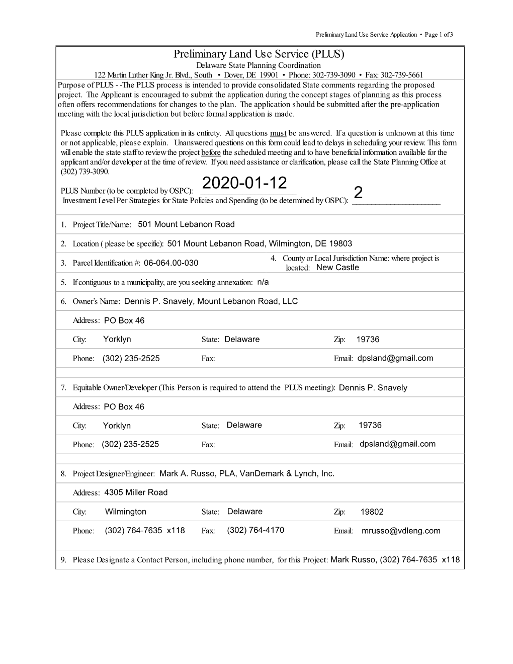 Preliminary Land Use Service (PLUS) Delaware State Planning Coordination 122 Martin Luther King Jr