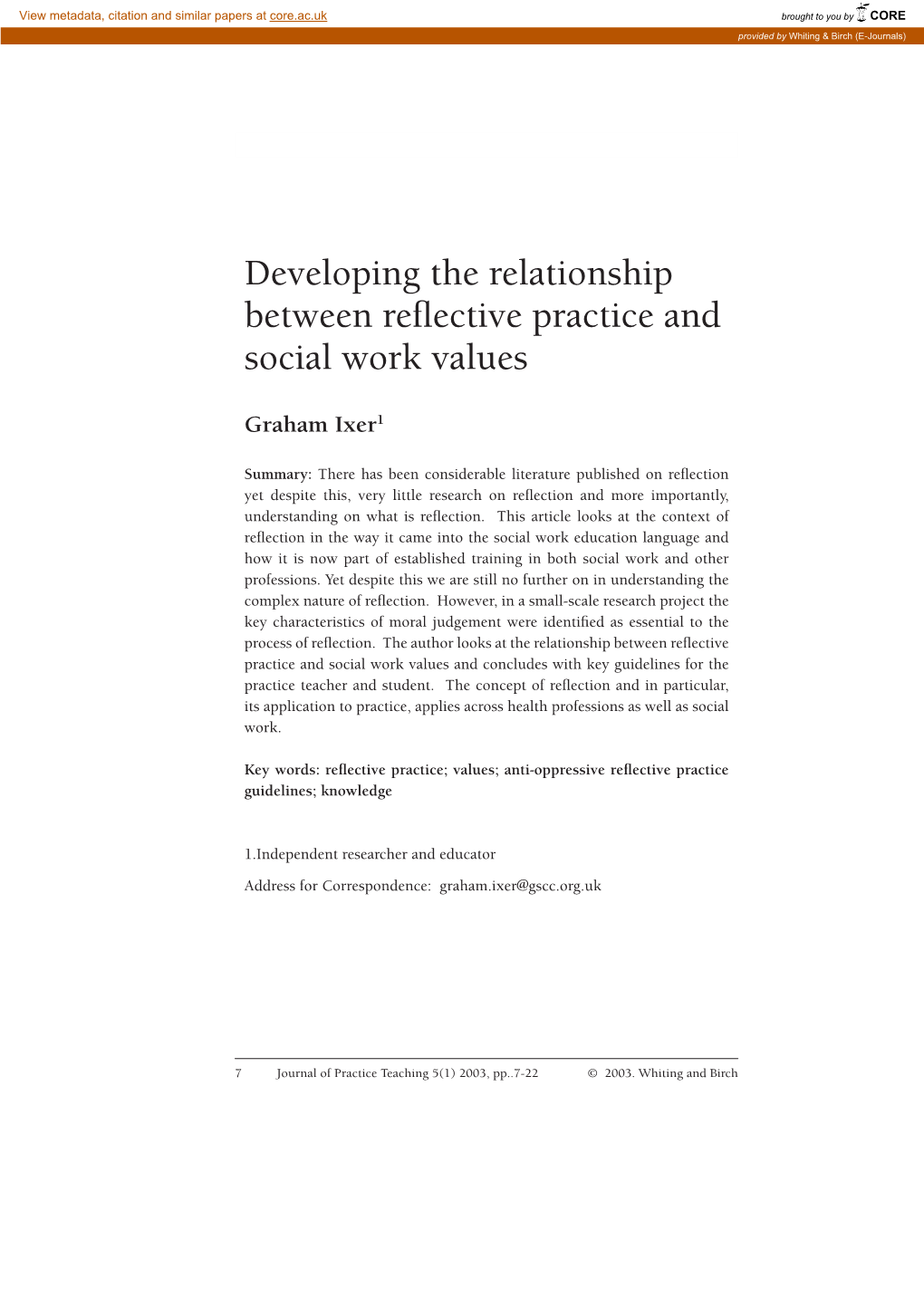 Developing the Relationship Between Reflective Practice and Social Work Values