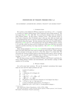 INFINITUDE of WILSON PRIMES for Fq[T] 1. Introduction for A