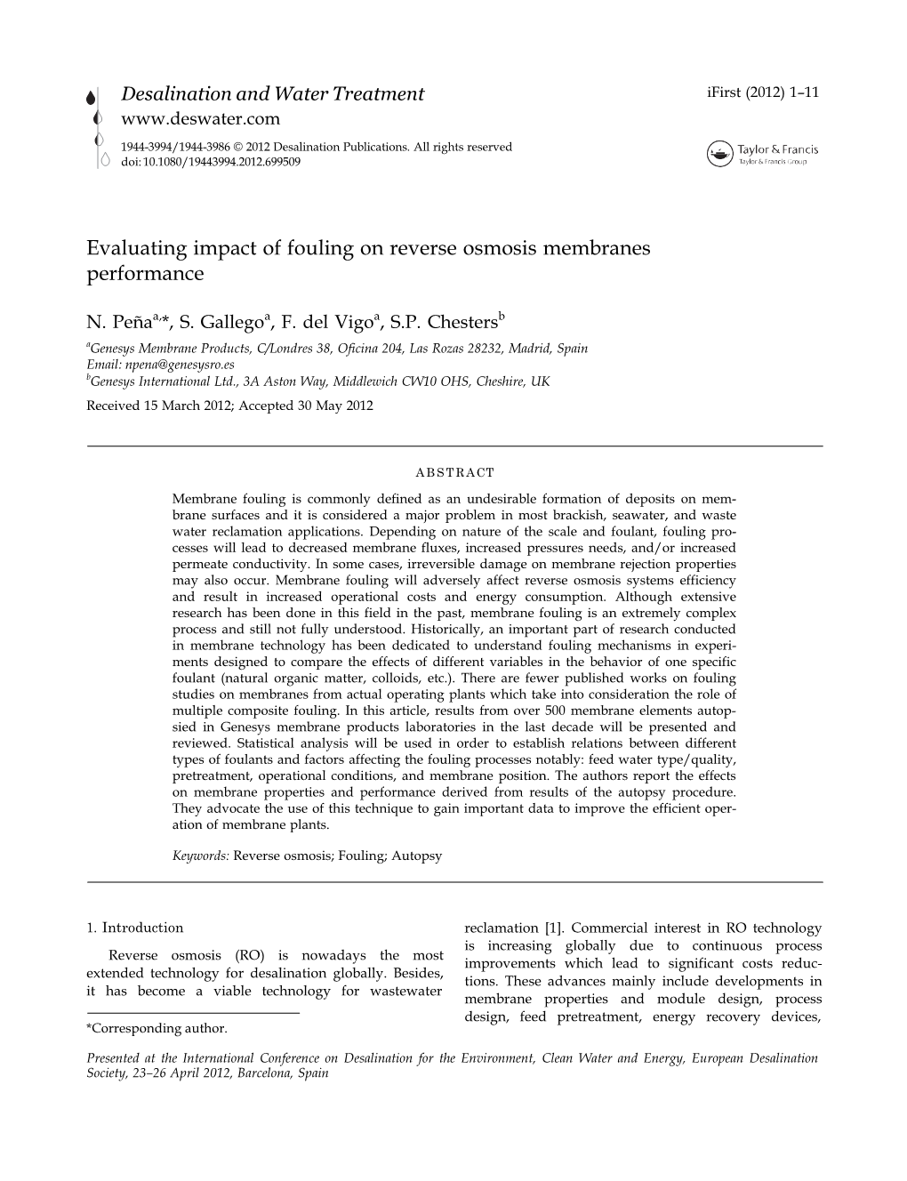 Evaluating Impact of Fouling on Reverse Osmosis Membranes Performance