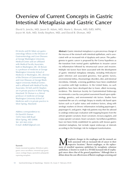Overview of Current Concepts in Gastric Intestinal Metaplasia and Gastric Cancer