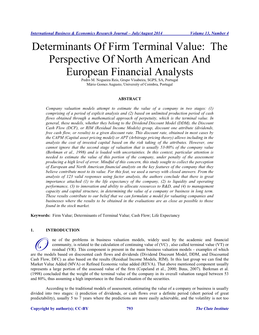 Determinants of Firm Terminal Value: the Perspective of North American and European Financial Analysts Pedro M