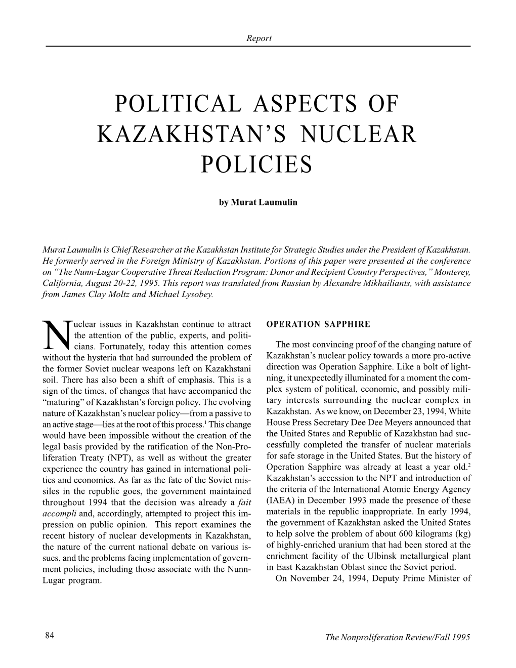 Npr 3.1: Political Aspects of Kazakhstan's Nuclear