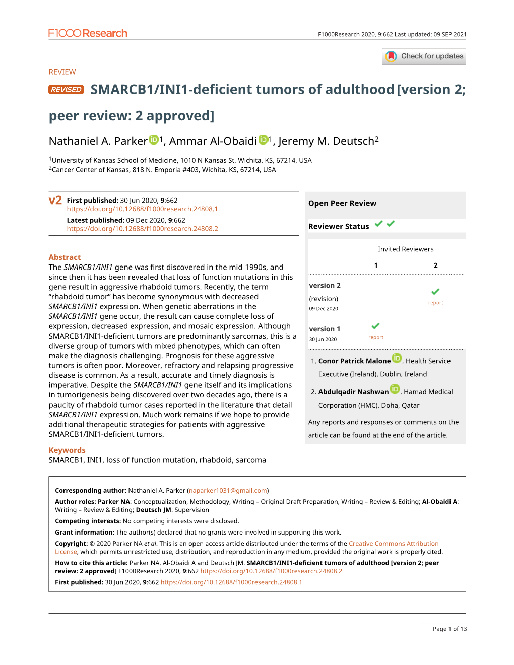 SMARCB1/INI1-Deficient Tumors of Adulthood[Version 2; Peer Review: 2