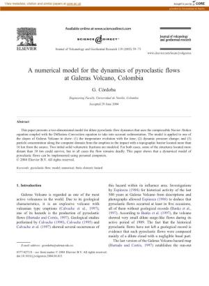 A Numerical Model for the Dynamics of Pyroclastic Flows at Galeras Volcano, Colombia