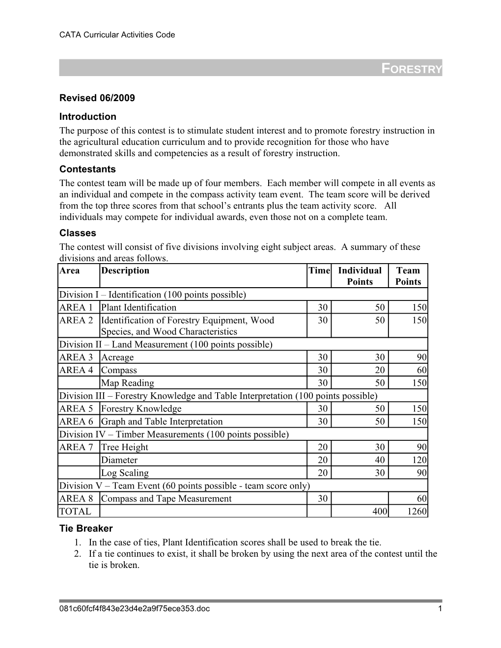 CATA Curricular Activities Code Forestry