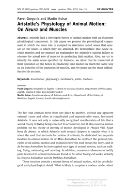 Aristotle's Physiology of Animal Motion: on Neura and Muscles