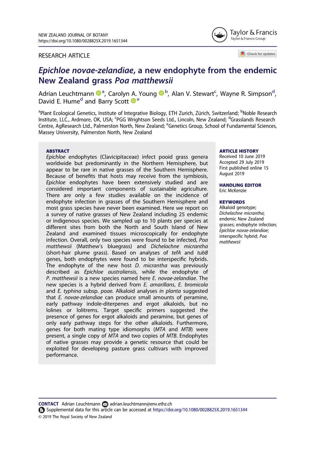 Epichloe Novae-Zelandiae, a New Endophyte from the Endemic New Zealand Grass Poa Matthewsii Adrian Leuchtmann A, Carolyn A