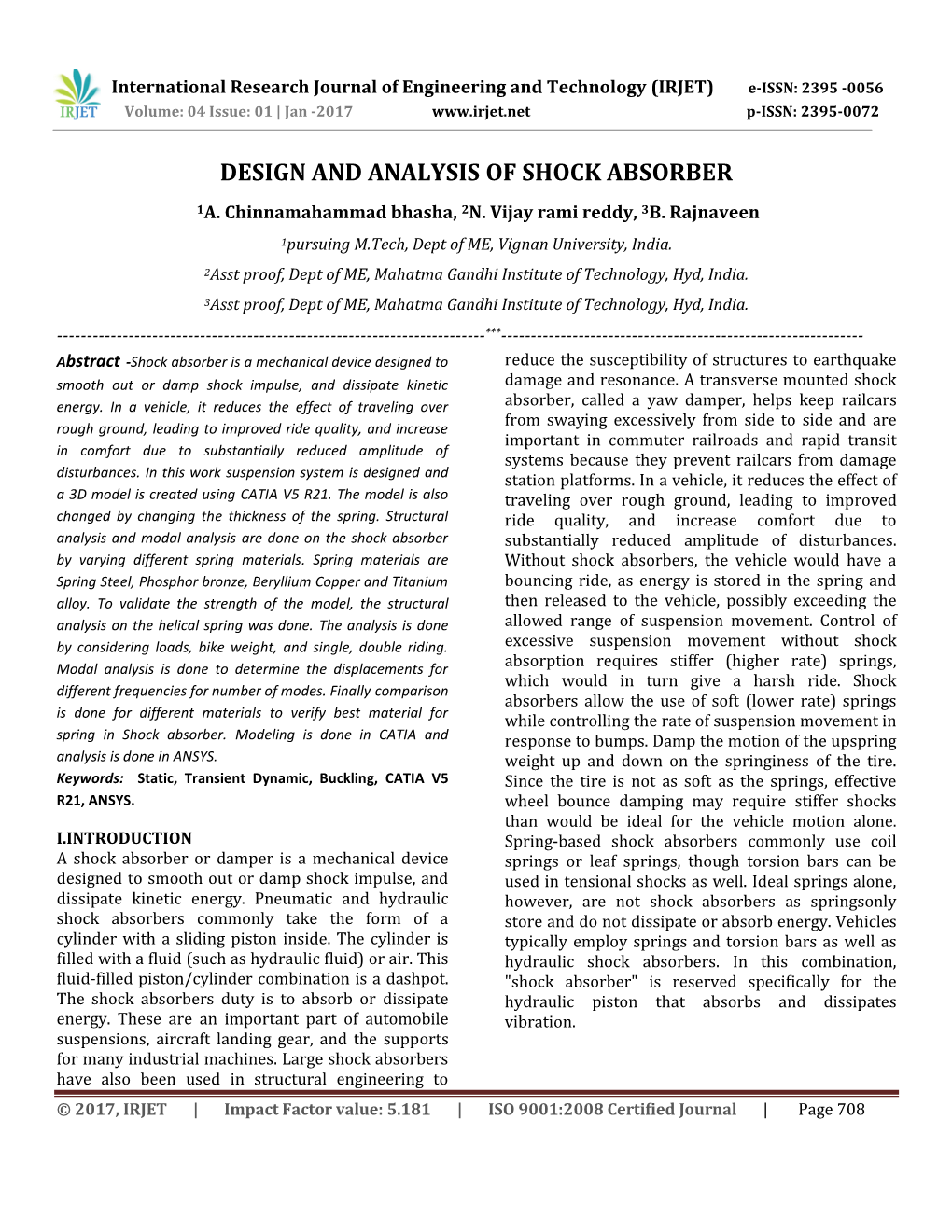 Design and Analysis of Shock Absorber 1A