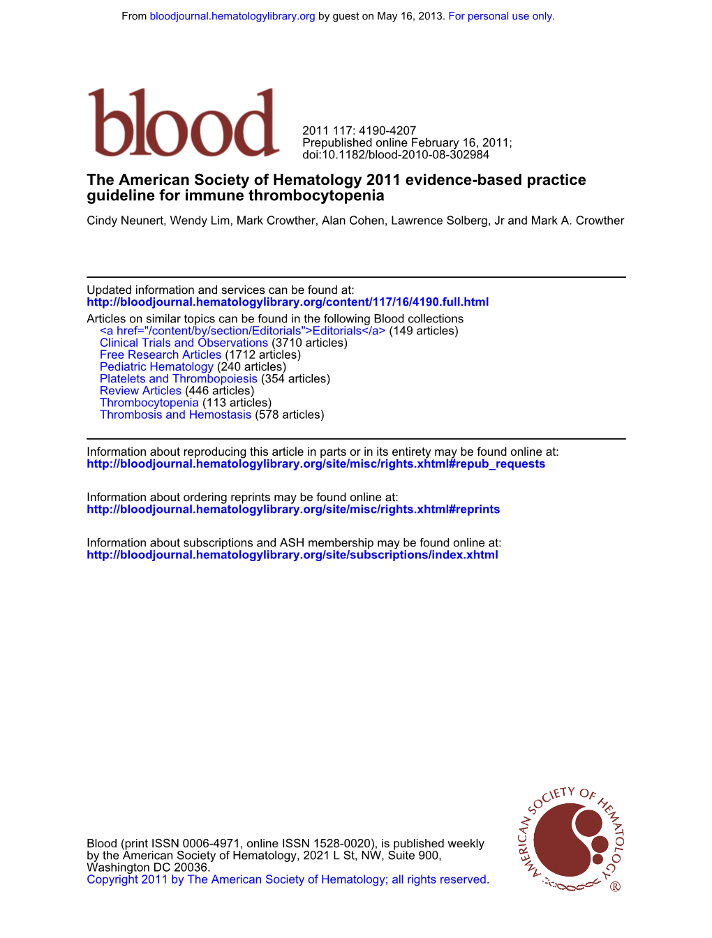 The American Society of Hematology 2011 Evidence-Based Practice Guideline for Immune Thrombocytopenia