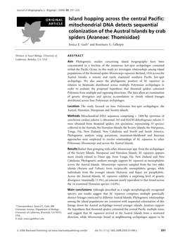 Mitochondrial DNA Detects Sequential Colonization of the Austral Islands by Crab Spiders (Araneae: Thomisidae) Jessica E