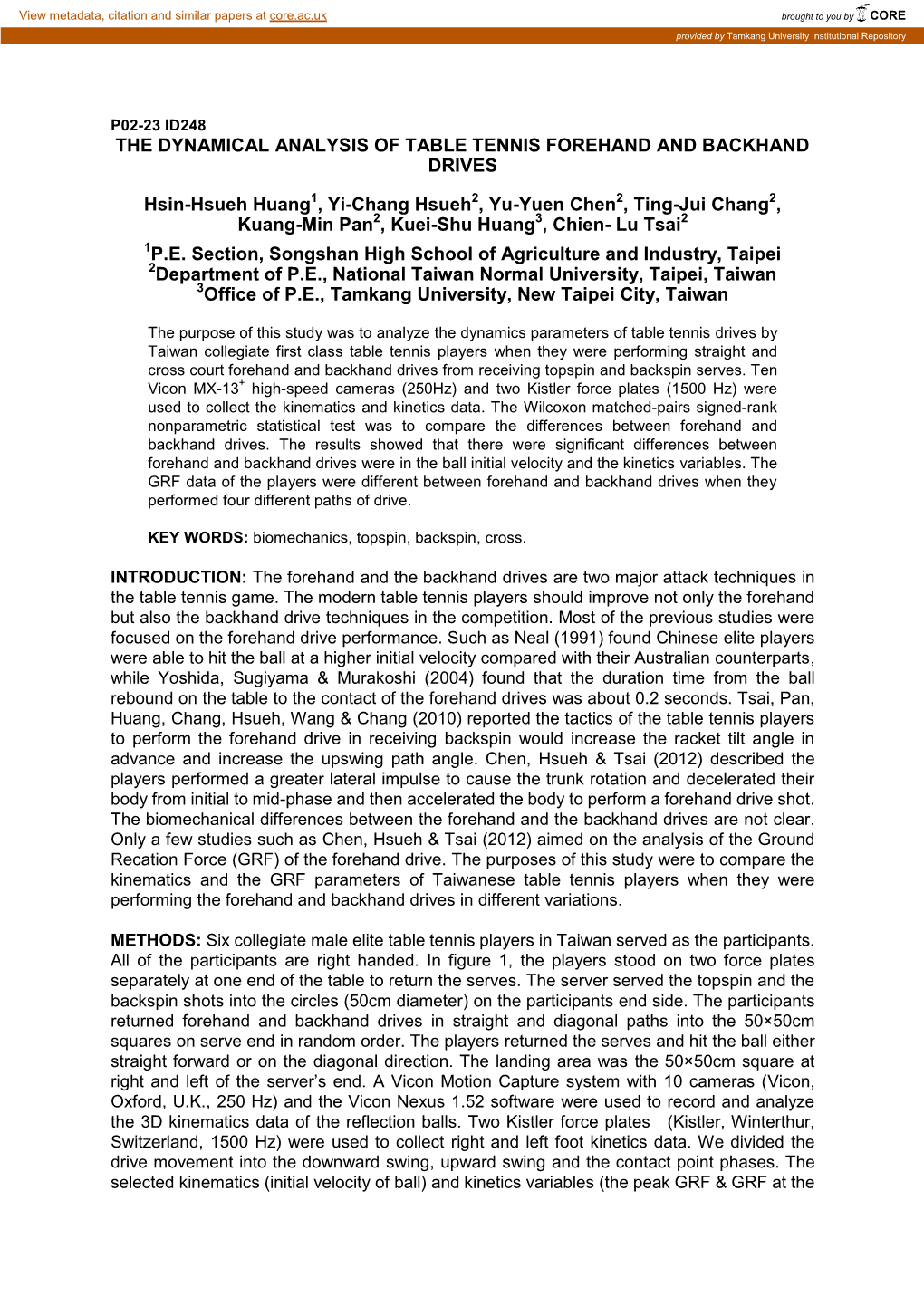 THE DYNAMICAL ANALYSIS Of TABLE TENNIS FOREHAND And BACKHAND DRIVES ...