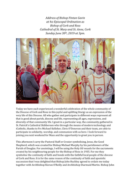 Address of Bishop Fintan Gavin at His Episcopal Ordination As Bishop of Cork and Ross Cathedral of St