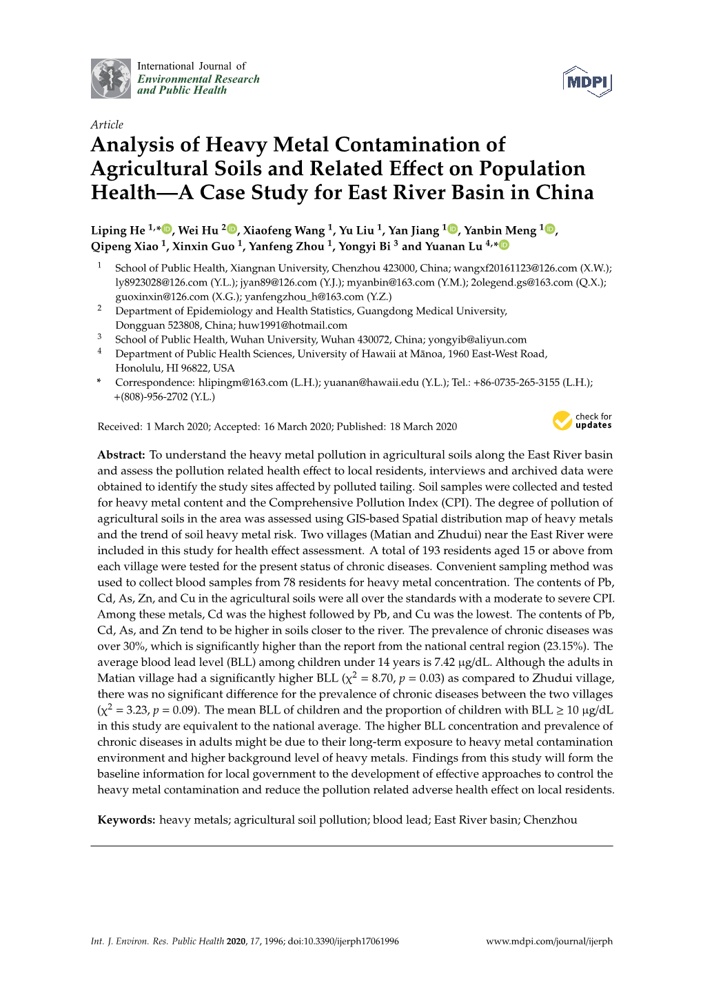 Analysis of Heavy Metal Contamination of Agricultural Soils and Related Eﬀect on Population Health—A Case Study for East River Basin in China