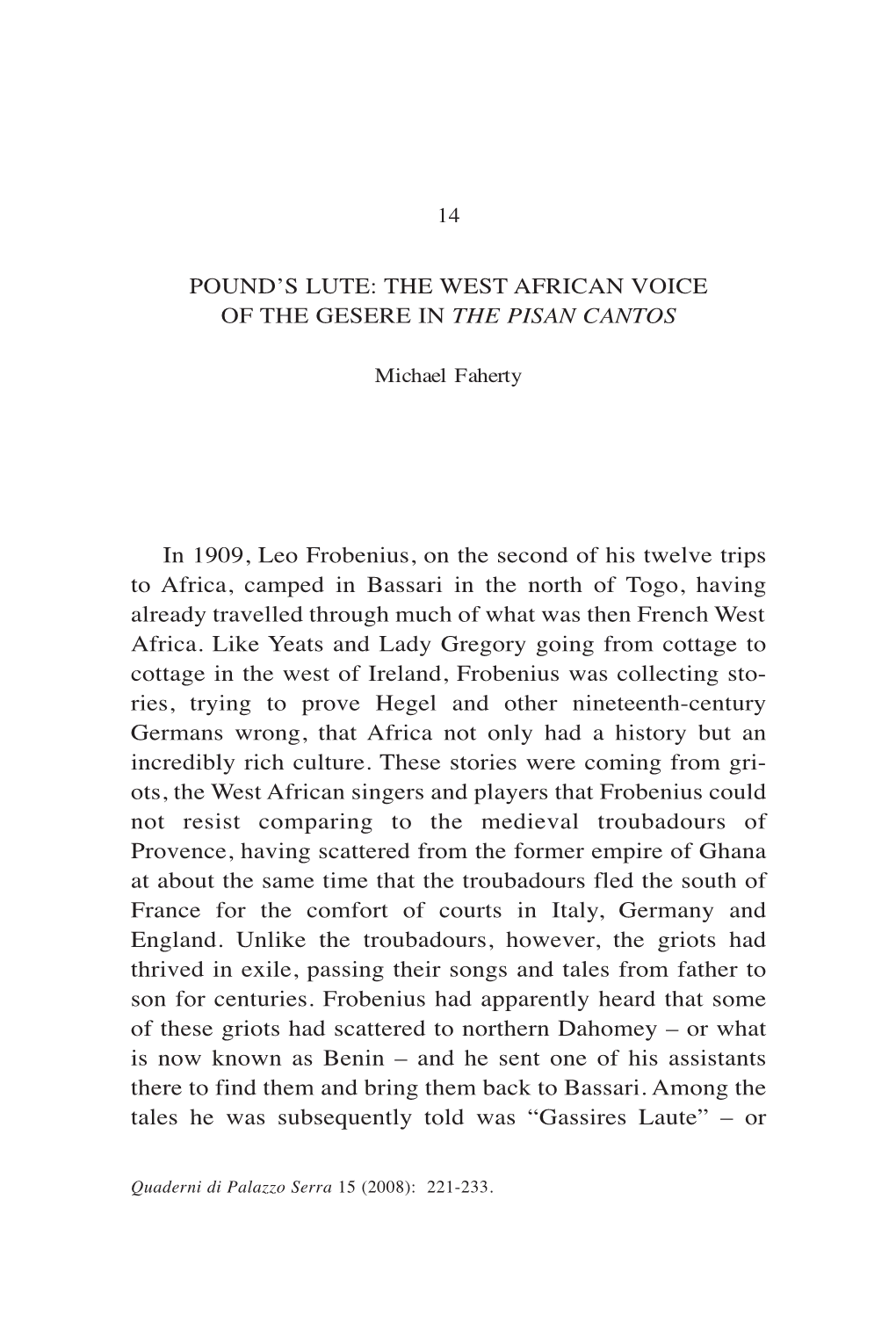 Pound's Lute: the West African Voice of the Gesere in the Pisan Cantos