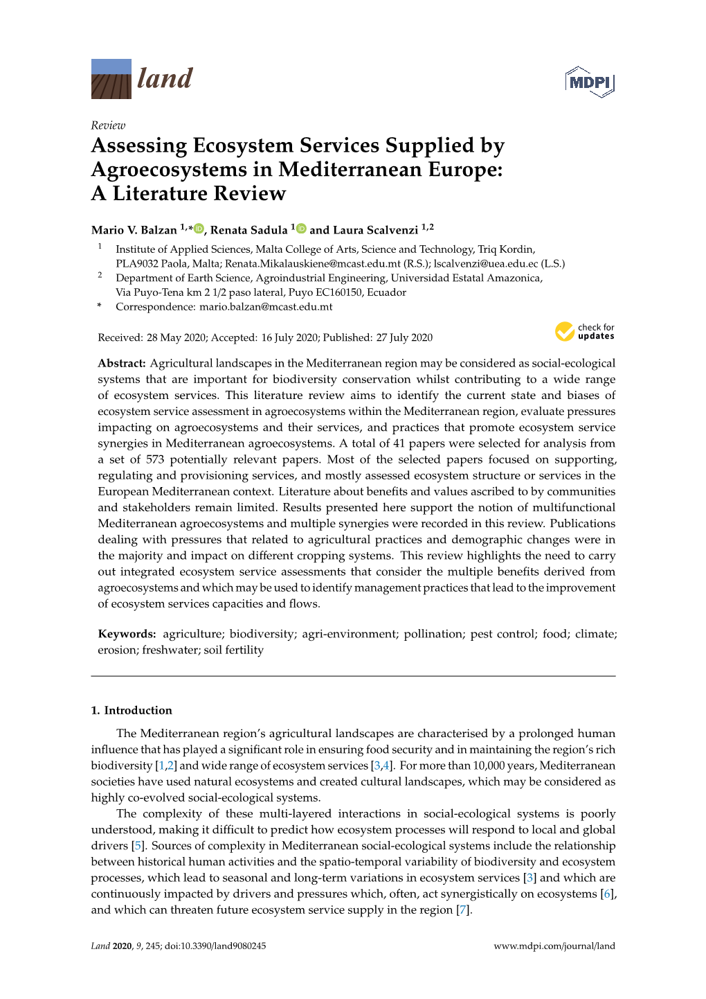 Assessing Ecosystem Services Supplied by Agroecosystems in Mediterranean Europe: a Literature Review