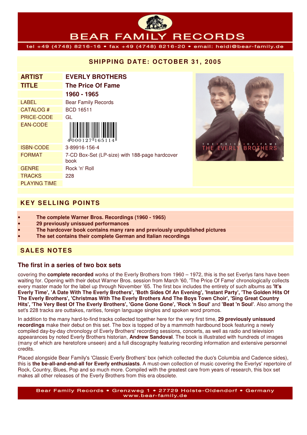 October 31, 2005 Artist Everly Brothers