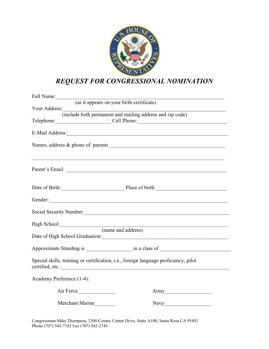 Request for Congressional Nomination