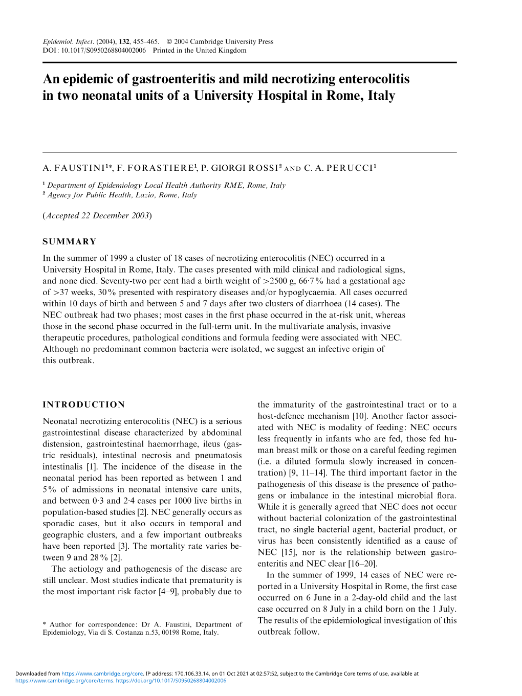 An Epidemic of Gastroenteritis and Mild Necrotizing Enterocolitis in Two Neonatal Units of a University Hospital in Rome, Italy