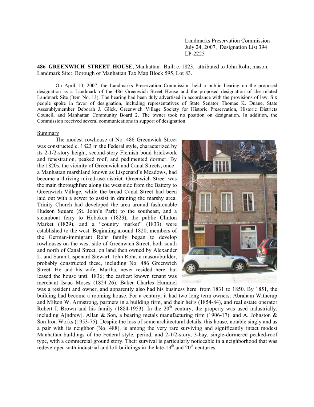 Landmarks Preservation Commission July 24, 2007, Designation List 394 LP-2225