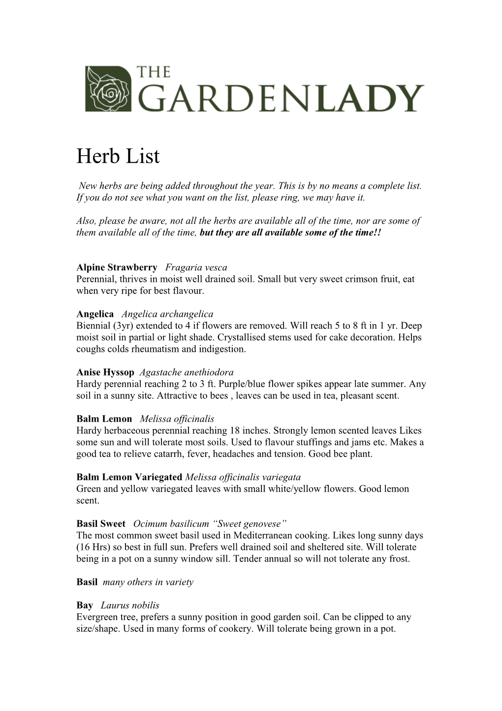 The Garden Lady Herb List