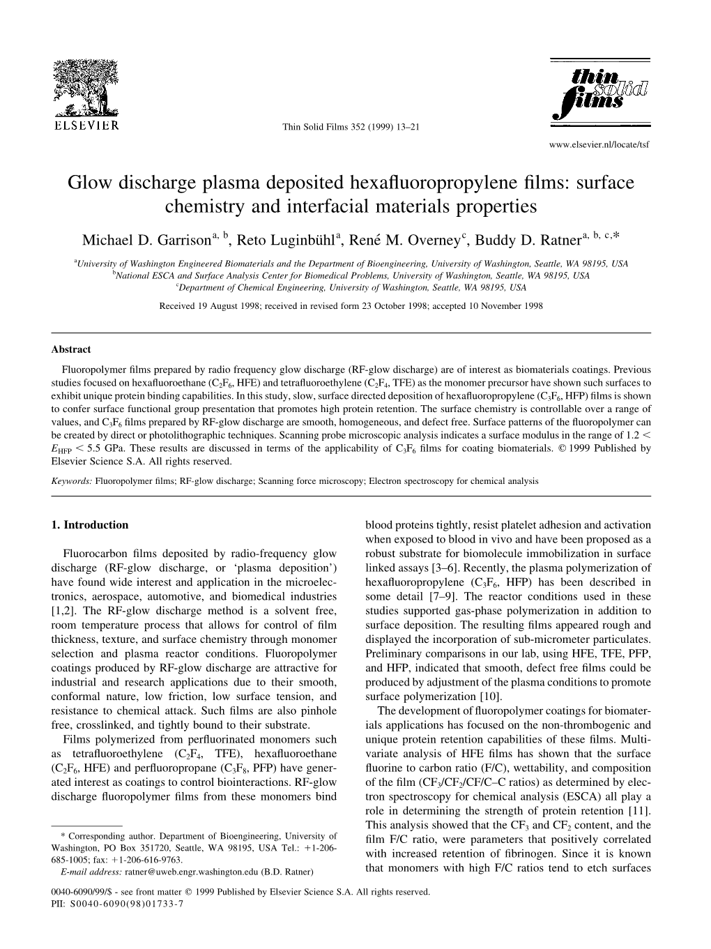 Glow Discharge Plasma Deposited Hexafluoropropylene Films