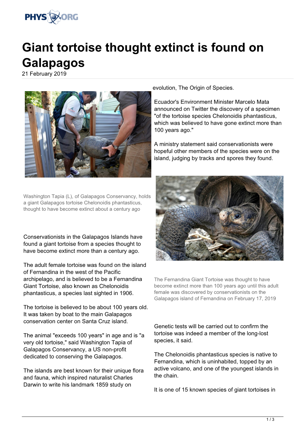 Giant Tortoise Thought Extinct Is Found on Galapagos 21 February 2019