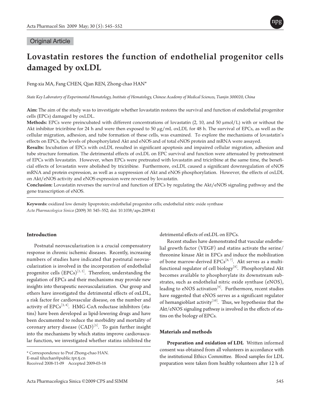 Lovastatin Restores the Function of Endothelial Progenitor Cells Damaged by Oxldl