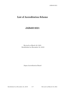 List of Accreditation Scheme JAB400:2021