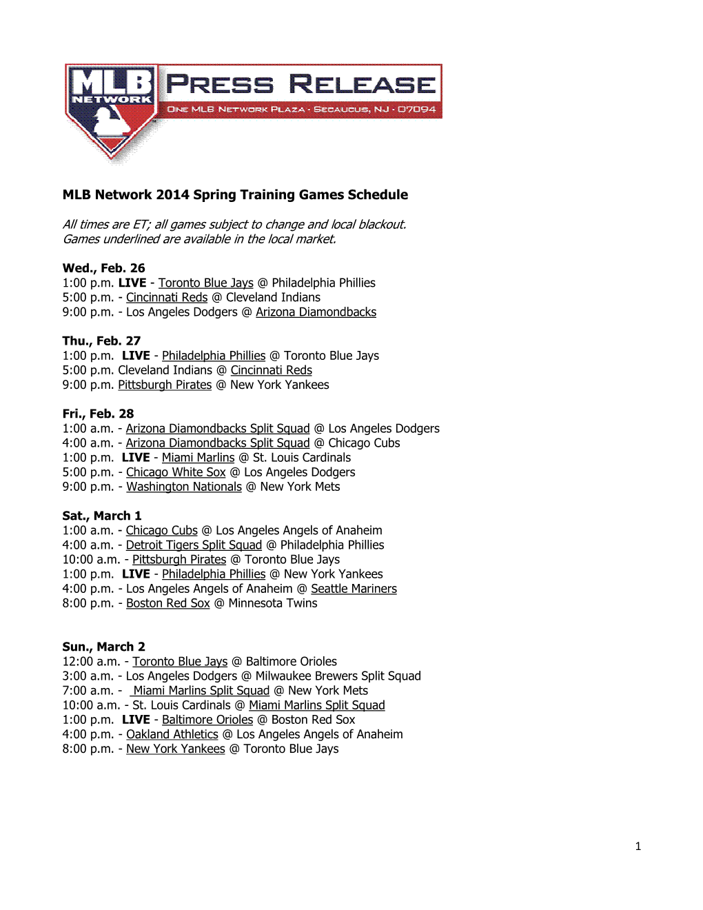 MLB Network 2014 Spring Training Games Schedule